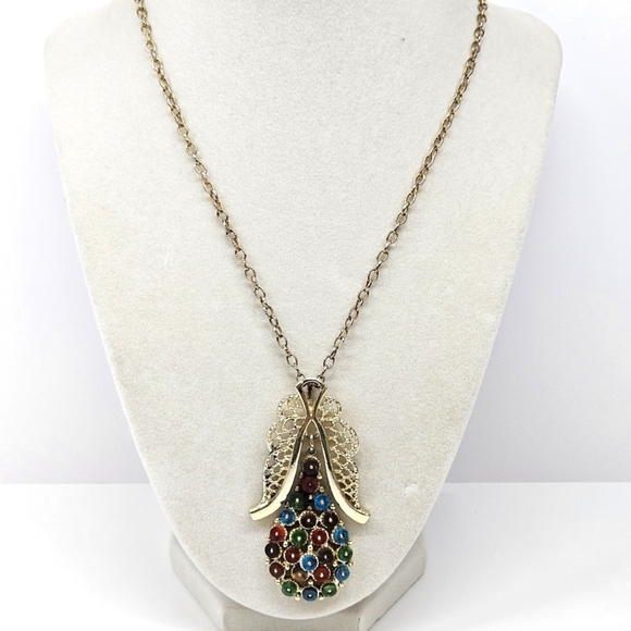 VINTAGE Unique Multicolor Pear Shaped Large Gold Tone Pendant Necklace - Picture 2 of 7